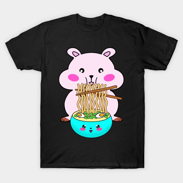 Cute funny happy Kawaii pink baby hamster eating yummy bowl of ramen noodles and chopsticks cartoon. Best comfort food. Gifts for Japanese cuisine lovers T-Shirt by IvyArtistic